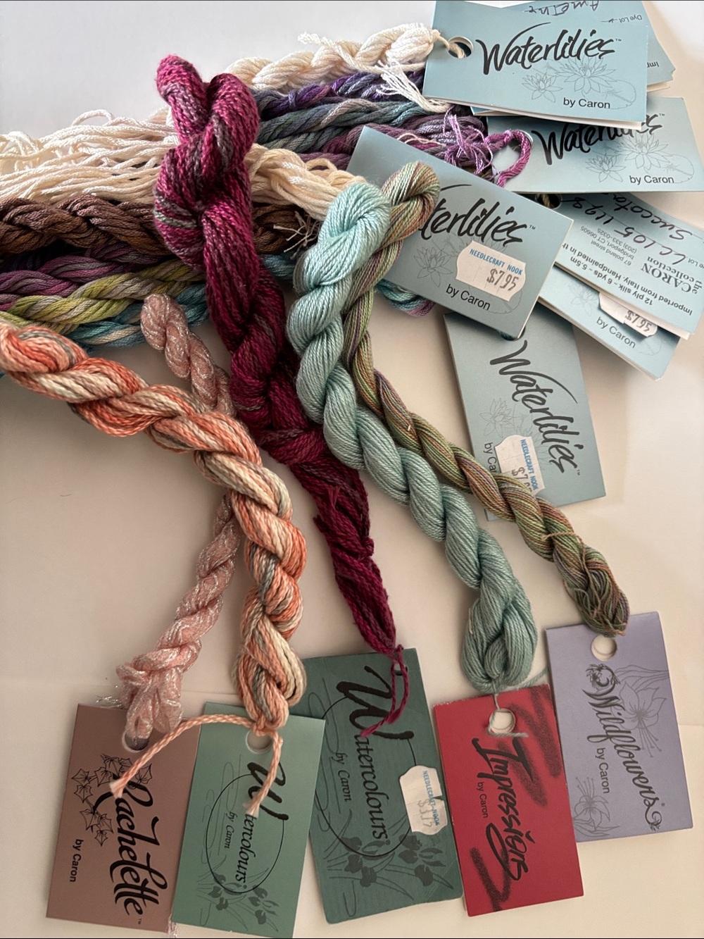 Caron waterlilies, watercolours,wildflowers, impressions, Rachette threads lot.